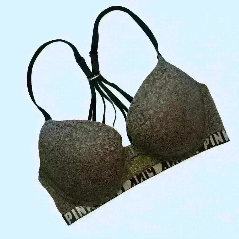 Victorias Secret PINK 34D Push Up Bra Front Closure Gray Lace Spellout
